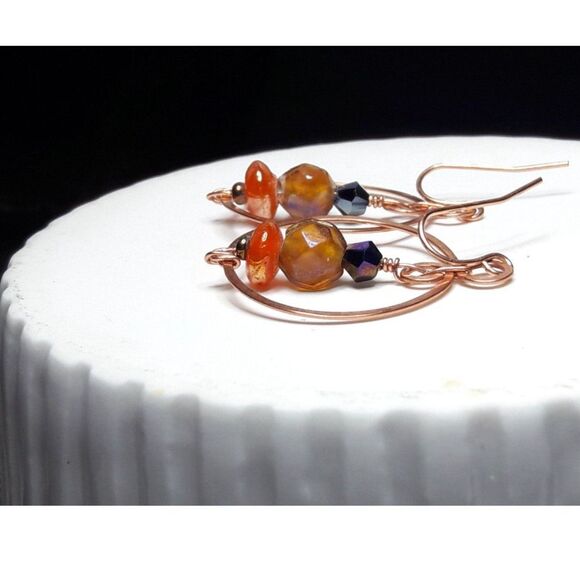 boho earrings 063#mfs Czech glass earrings beaded wire wrapped copper hoop dangl - Picture 3 of 5